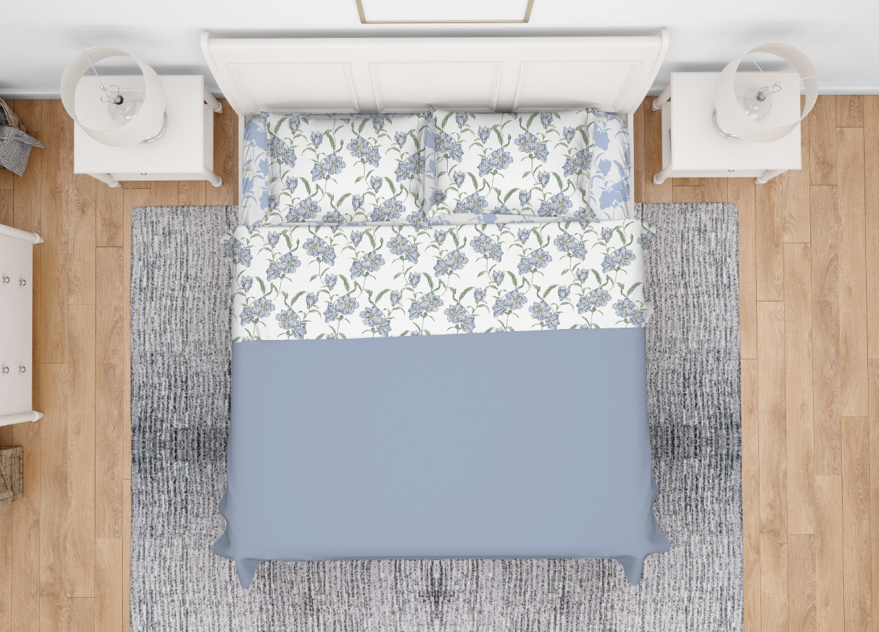 foto del prodotto completo lenzuola letto in 100 cotone made italy disegno magnolia singolo azzurro