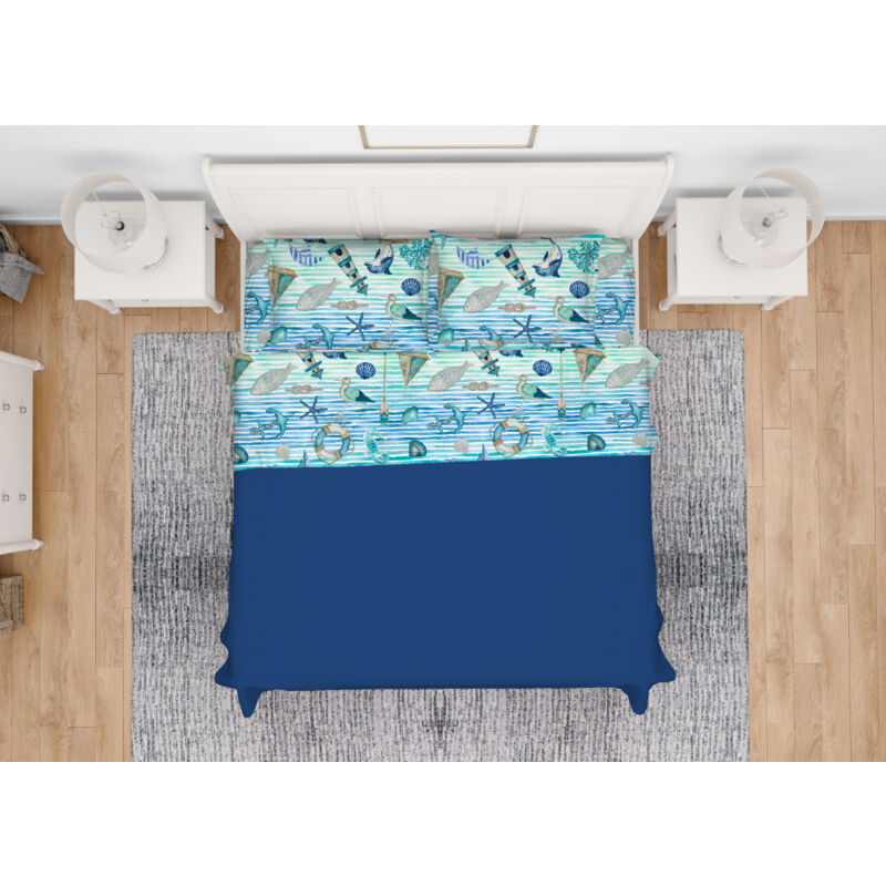 foto del prodotto completo lenzuola letto in 100 cotone made italy disegno mare 25gi, misurasingolocoloremare 25gi