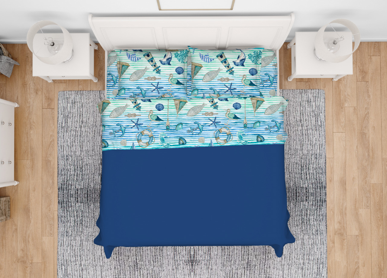 foto del prodotto completo lenzuola letto in 100 cotone made italy disegno mare 25gi singolo mare 25gi