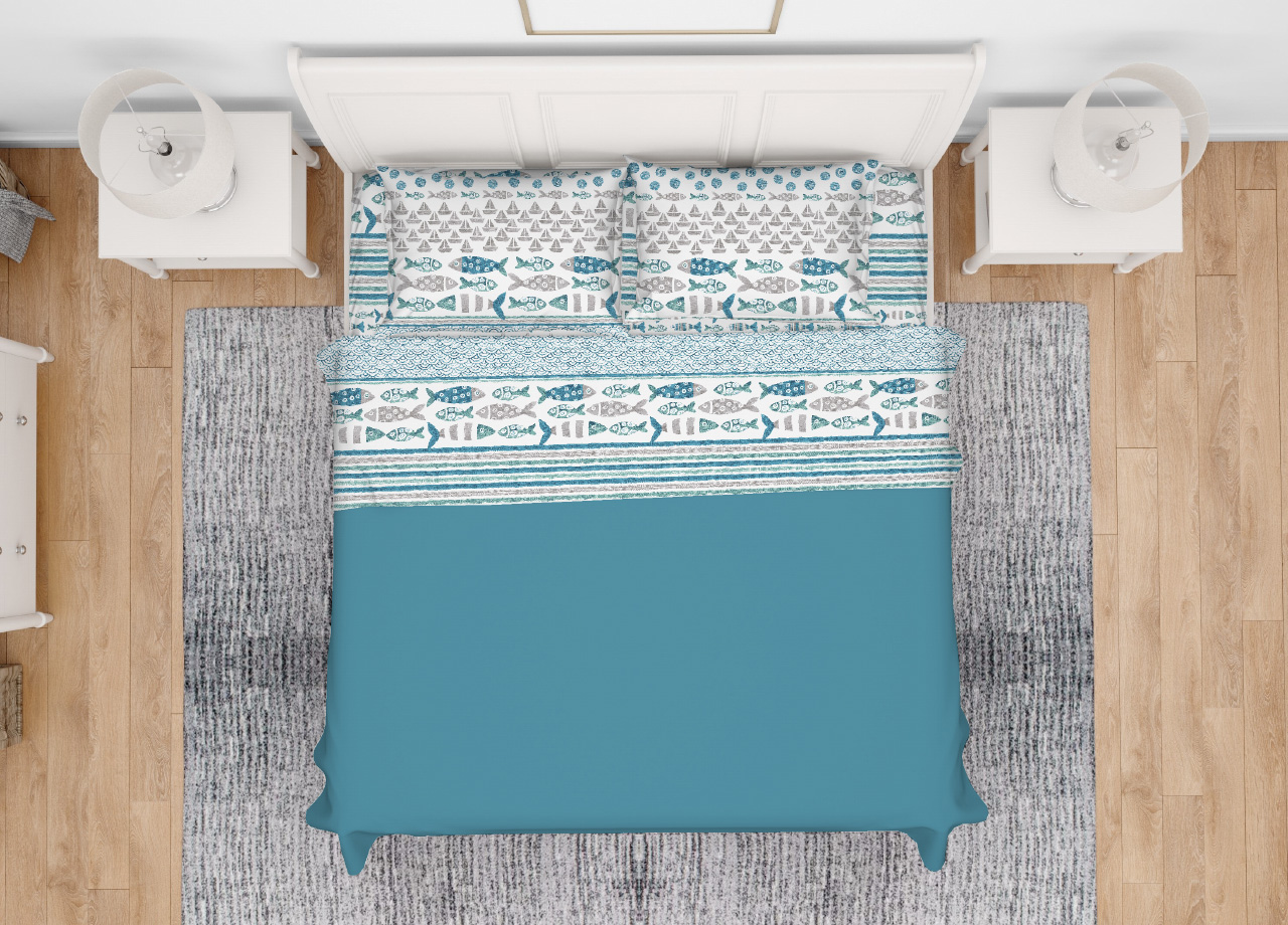 foto del prodotto completo lenzuola letto in 100 cotone made italy disegno marino pesci matrimoniale azzurro