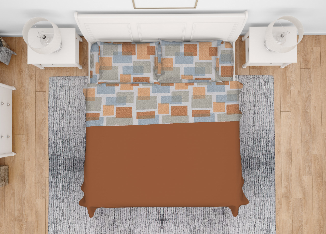 foto del prodotto completo lenzuola letto in 100 cotone made italy disegno square gi - francese - arancio