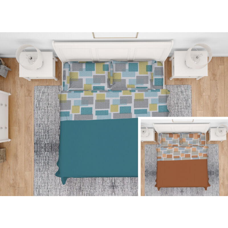 foto del prodotto completo lenzuola letto in 100 cotone made italy disegno square gi, misuramaxicoloreazzurro