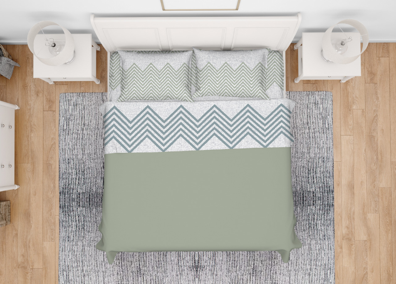 foto del prodotto completo lenzuola letto in 100 cotone made italy disegno zig zag maxi verde