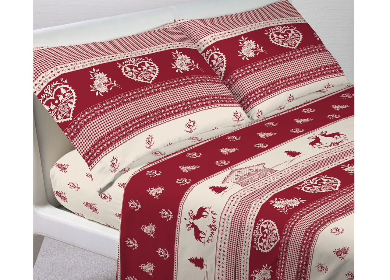 foto del prodotto completo lenzuola letto in 100 cotone stile montagna chalet disegno tirolo maxi tirolo