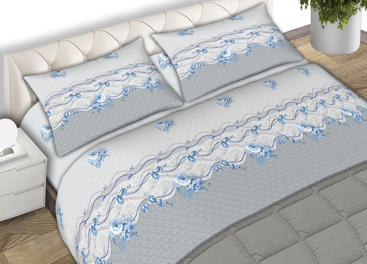 foto del prodotto completo lenzuola letto matrimoniale 100 cotone made italy in varie fantasie fiorate c.n matrimoniale flowers blu