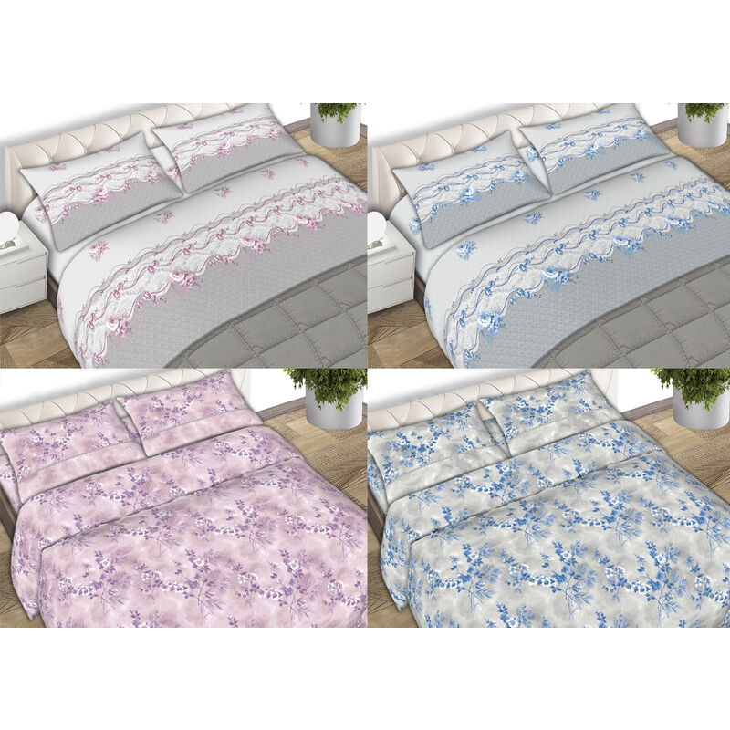 foto del prodotto completo lenzuola letto matrimoniale 100 cotone made italy in varie fantasie fiorate c.n, misuramatrimonialecoloreflowers blu