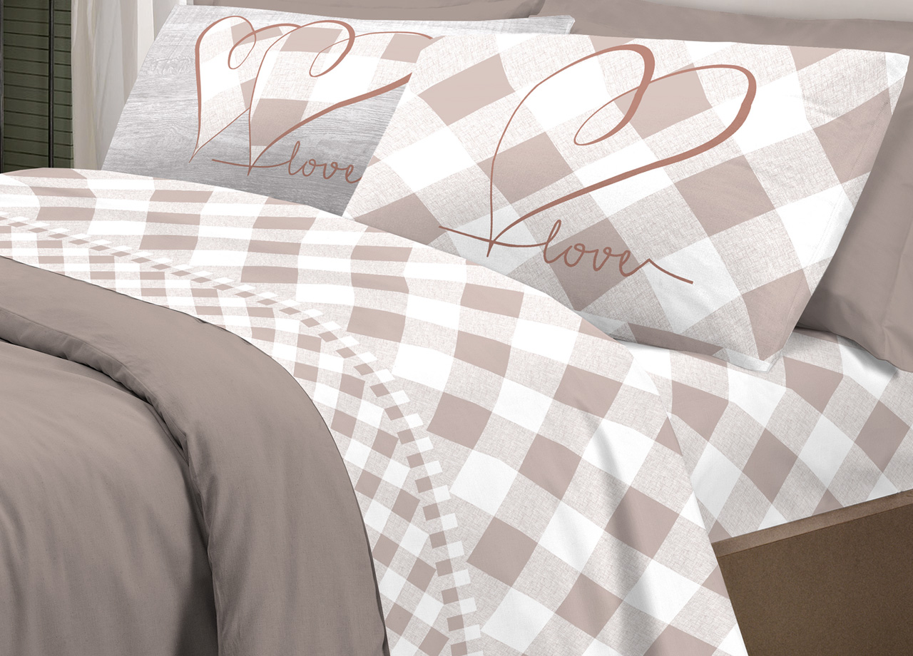 foto del prodotto completo lenzuola letto pensieri delicati 100 cotone dis.lovely check piazza e mezza beige