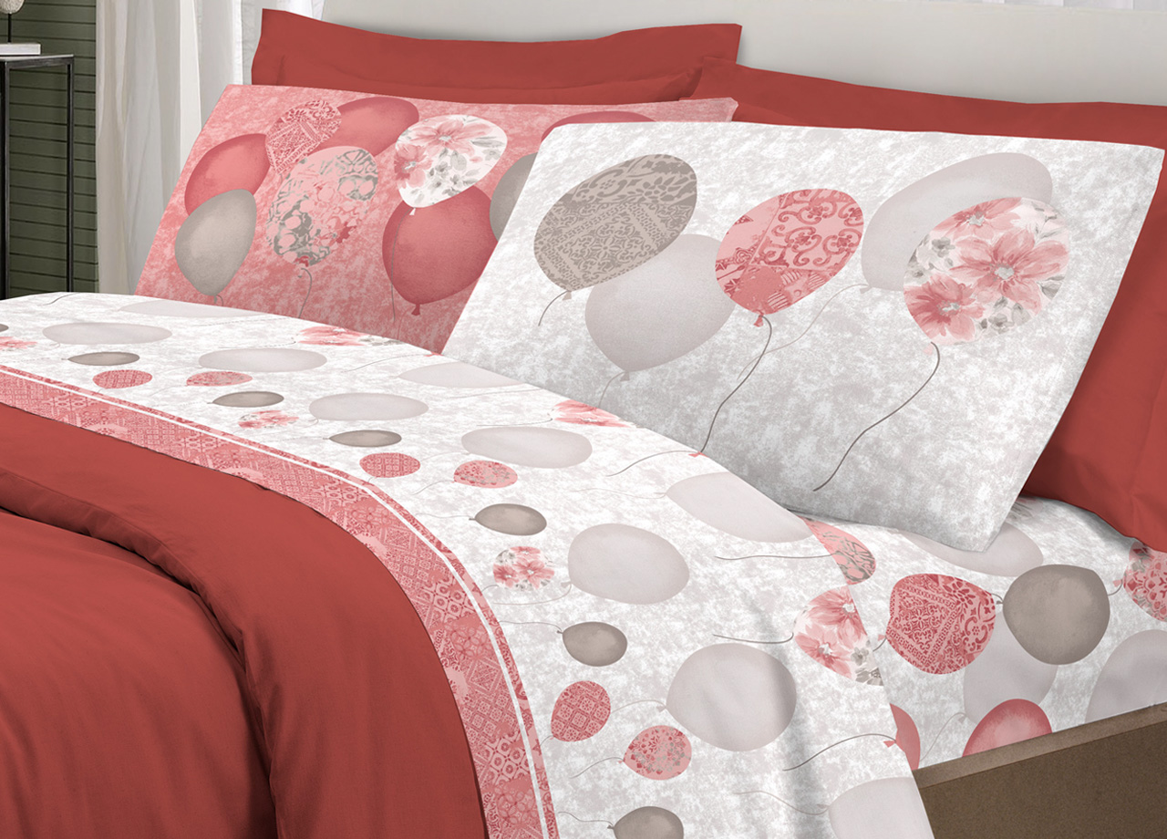 foto del prodotto completo lenzuola letto pensieri delicati 100 cotone dis. palloncini matrimoniale rosso