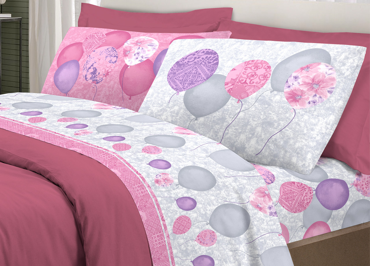 foto del prodotto completo lenzuola letto pensieri delicati 100 cotone dis. palloncini singolo rosa