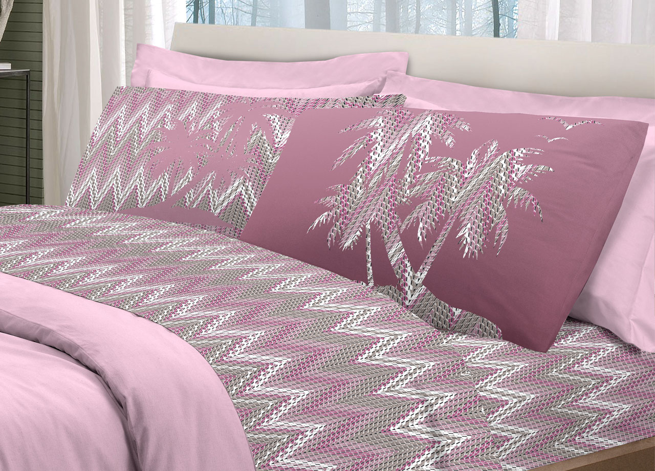 foto del prodotto completo lenzuola letto pensieri delicati 100 cotone dis. palme spinato matrimoniale rosa
