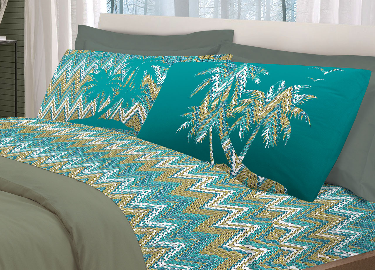 foto del prodotto completo lenzuola letto pensieri delicati 100 cotone dis. palme spinato matrimoniale verde
