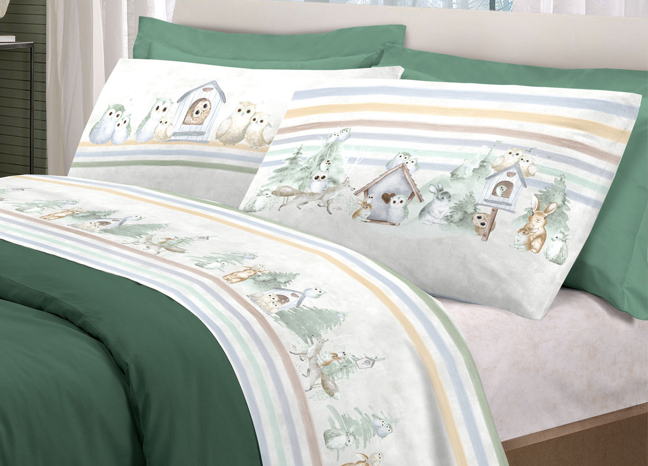 foto del prodotto completo lenzuola letto pensieri delicati 100 cotone disegno gufi matrimoniale verde
