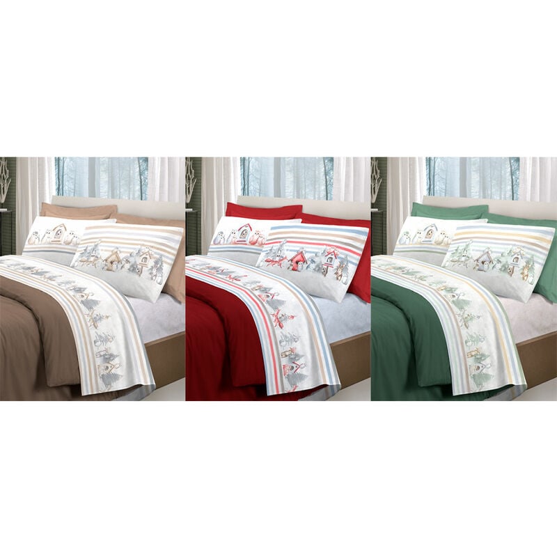 foto del prodotto completo lenzuola letto pensieri delicati 100 cotone disegno gufi, misurapiazza e mezzacolorerosso