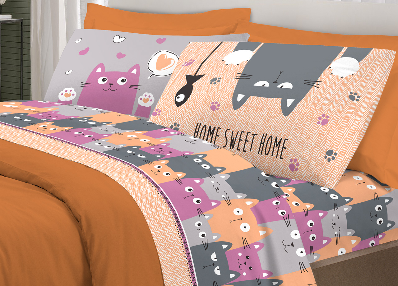 foto del prodotto completo lenzuola letto pensieri delicati 100 cotone disegno happy cat matrimoniale arancio