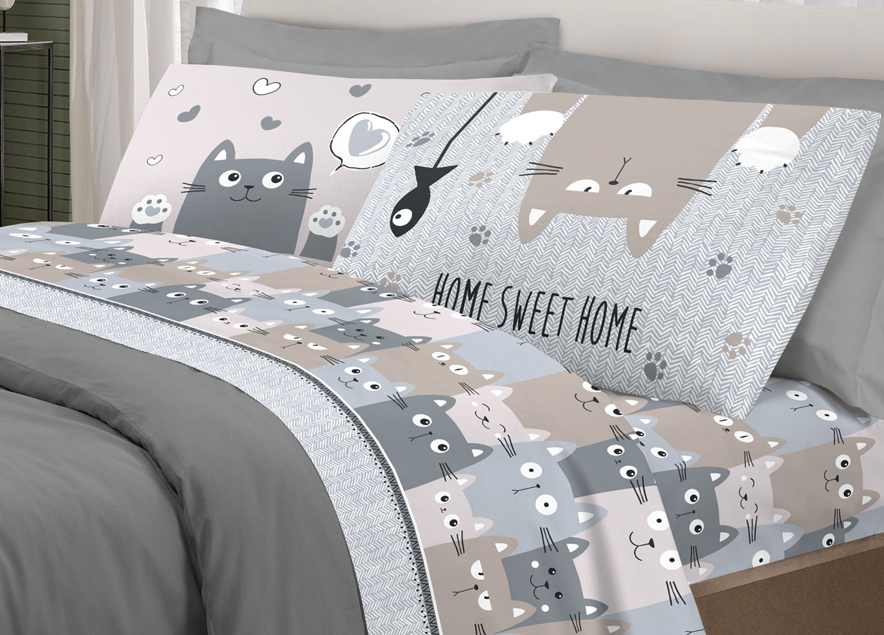 foto del prodotto completo lenzuola letto pensieri delicati 100 cotone disegno happy cat matrimoniale grigio