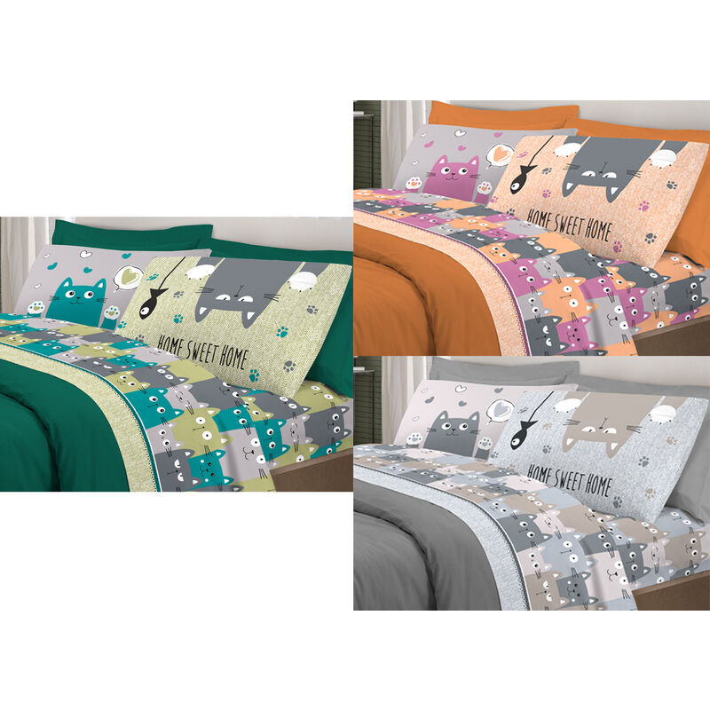 foto del prodotto completo lenzuola letto pensieri delicati 100 cotone disegno happy cat, misurasingolocoloregrigio