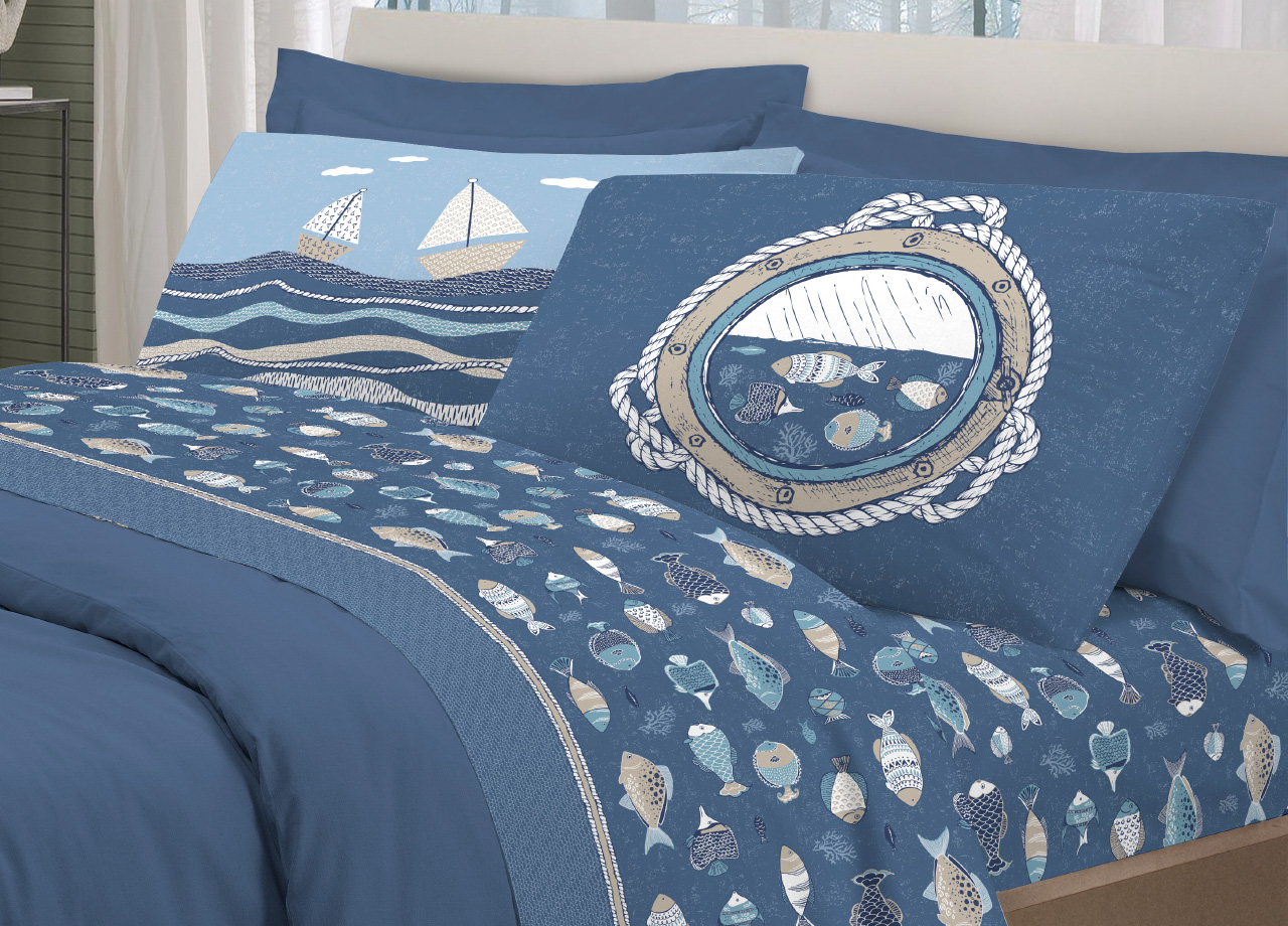 foto del prodotto completo lenzuola letto pensieri delicati 100 cotone disegno oceano matrimoniale blu