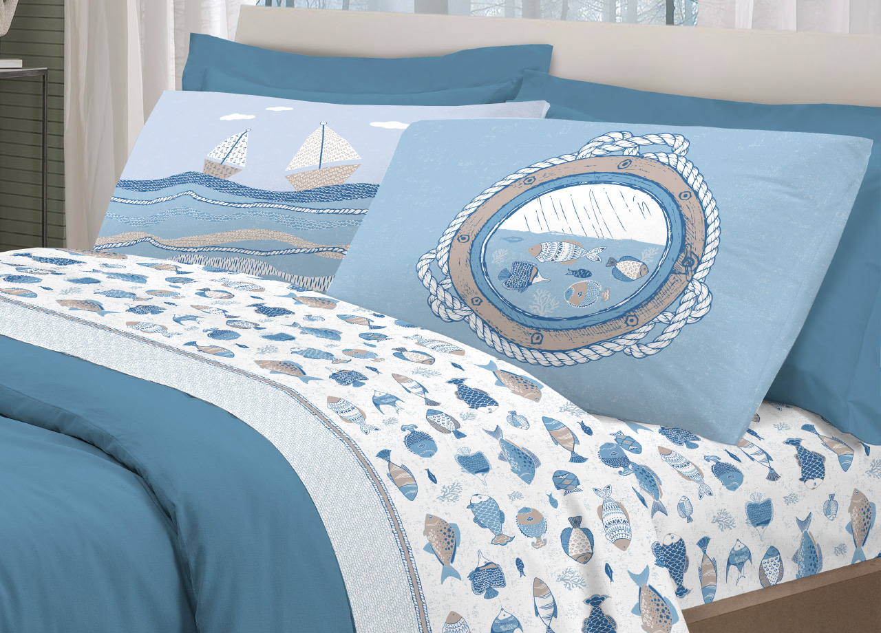 foto del prodotto completo lenzuola letto pensieri delicati 100 cotone disegno oceano singolo bianco