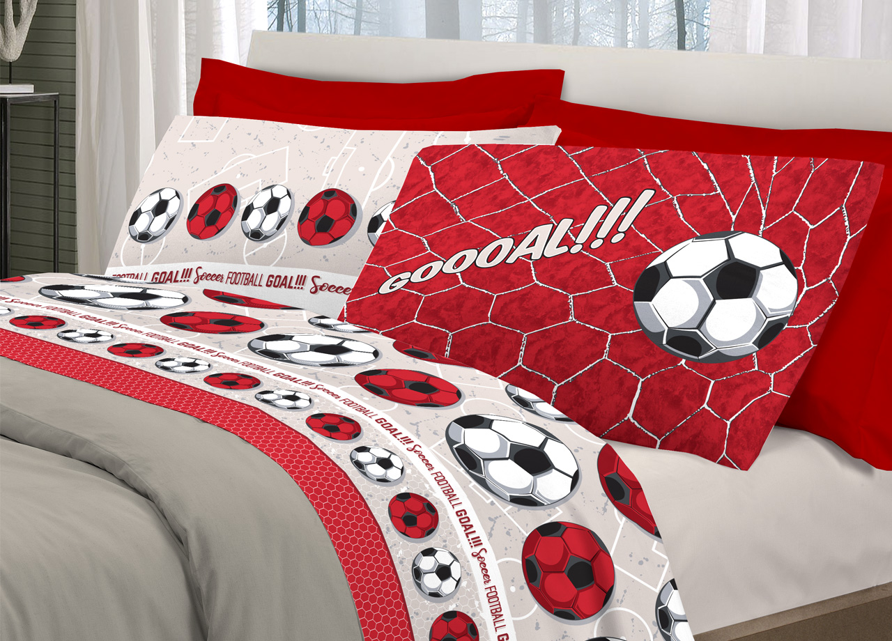 foto del prodotto completo lenzuola linea pensieri delicati 100 cotone disegno calcio matrimoniale rosso