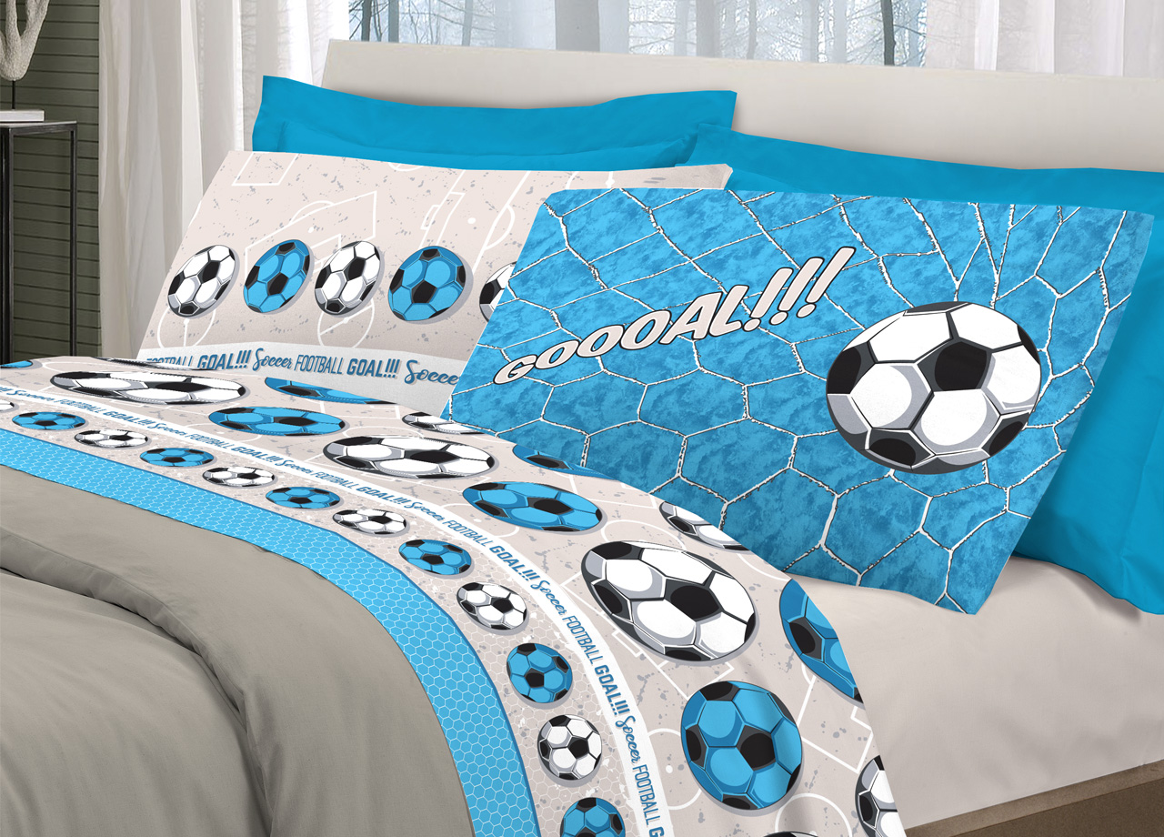 foto del prodotto completo lenzuola linea pensieri delicati 100 cotone disegno calcio piazza e mezza azzurro