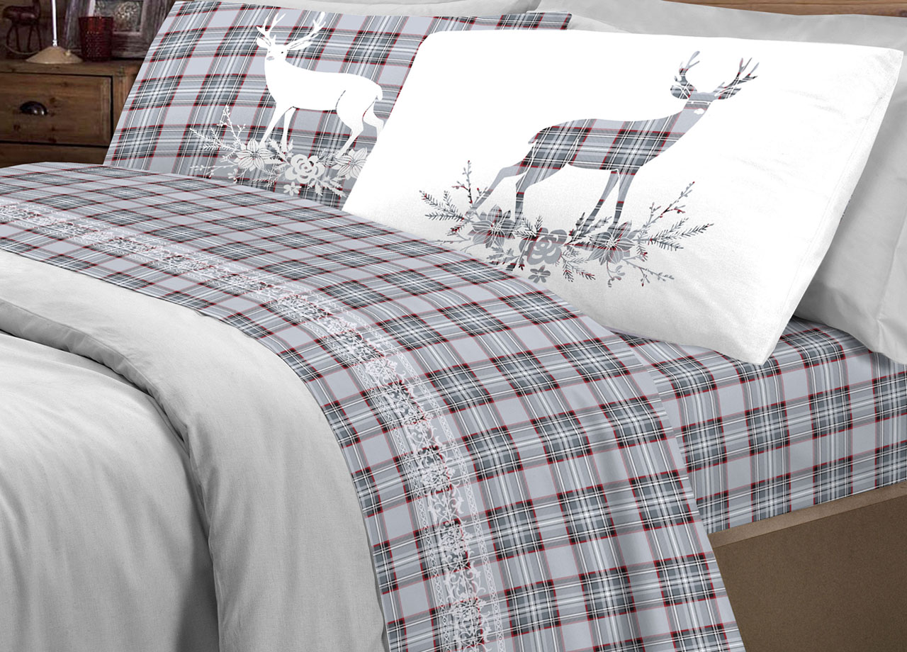 foto del prodotto completo lenzuola linea pensieri delicati 100 cotone disegno cervo tartan matrimoniale grigio