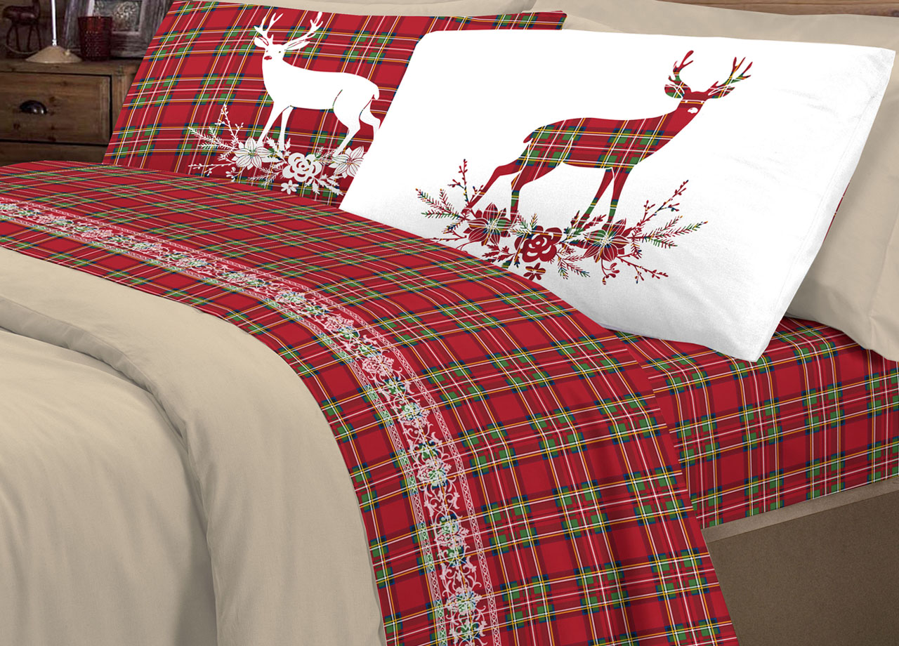 foto del prodotto completo lenzuola linea pensieri delicati 100 cotone disegno cervo tartan matrimoniale rosso