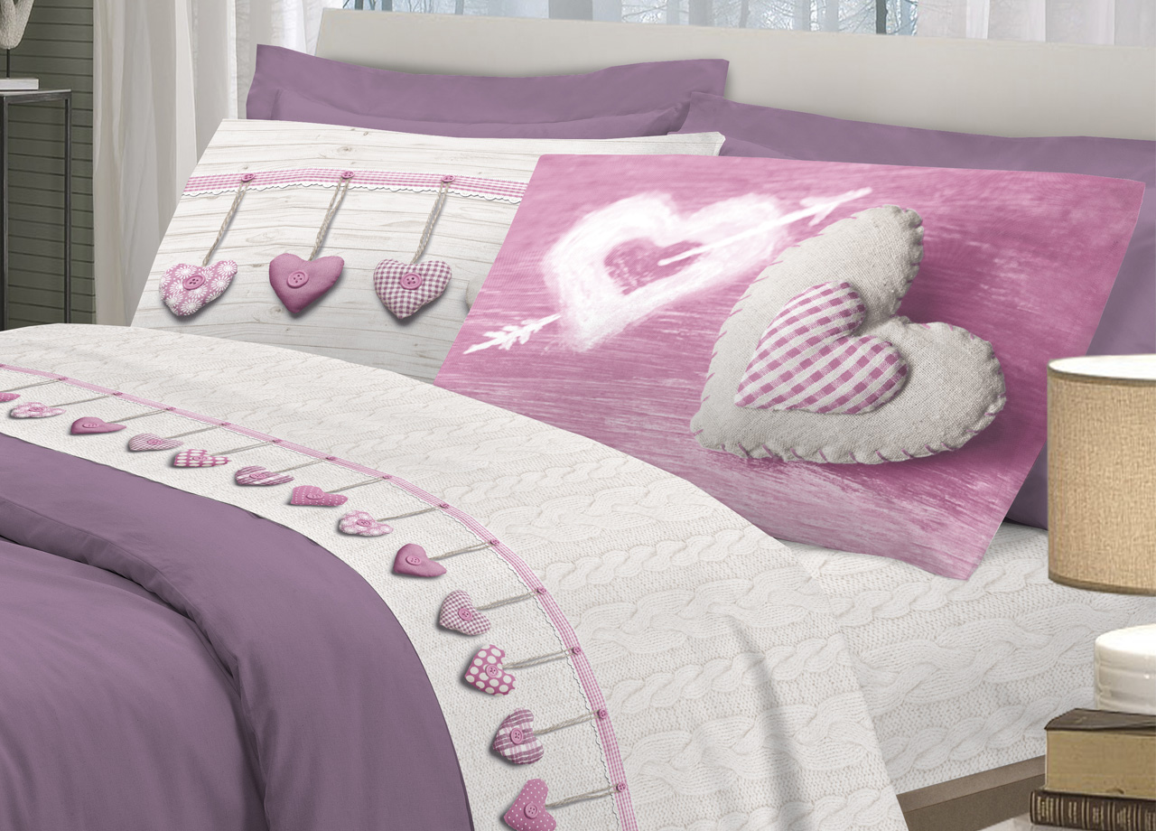 foto del prodotto completo lenzuola linea pensieri delicati 100 cotone disegno cuore appeso piazza e mezza rosa
