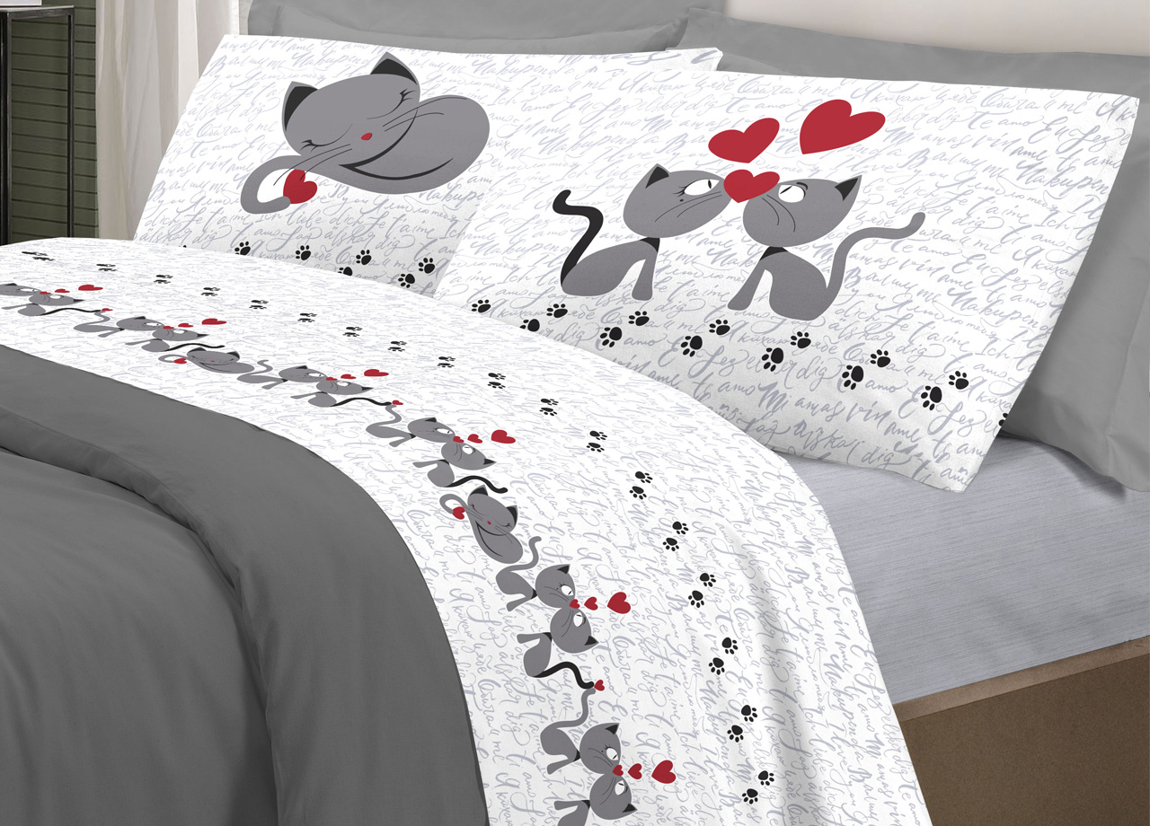 foto del prodotto completo lenzuola linea pensieri delicati 100 cotone disegno gattini matrimoniale grigio