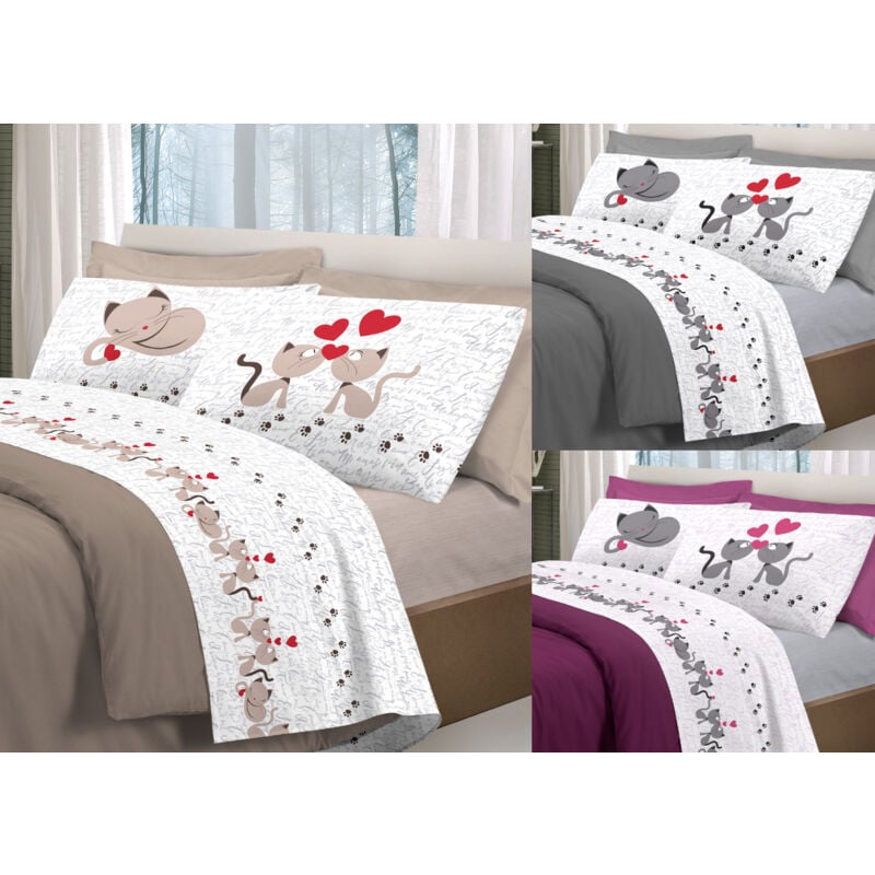 foto del prodotto completo lenzuola linea pensieri delicati 100 cotone disegno gattini, misurapiazza e mezzacolorebeige