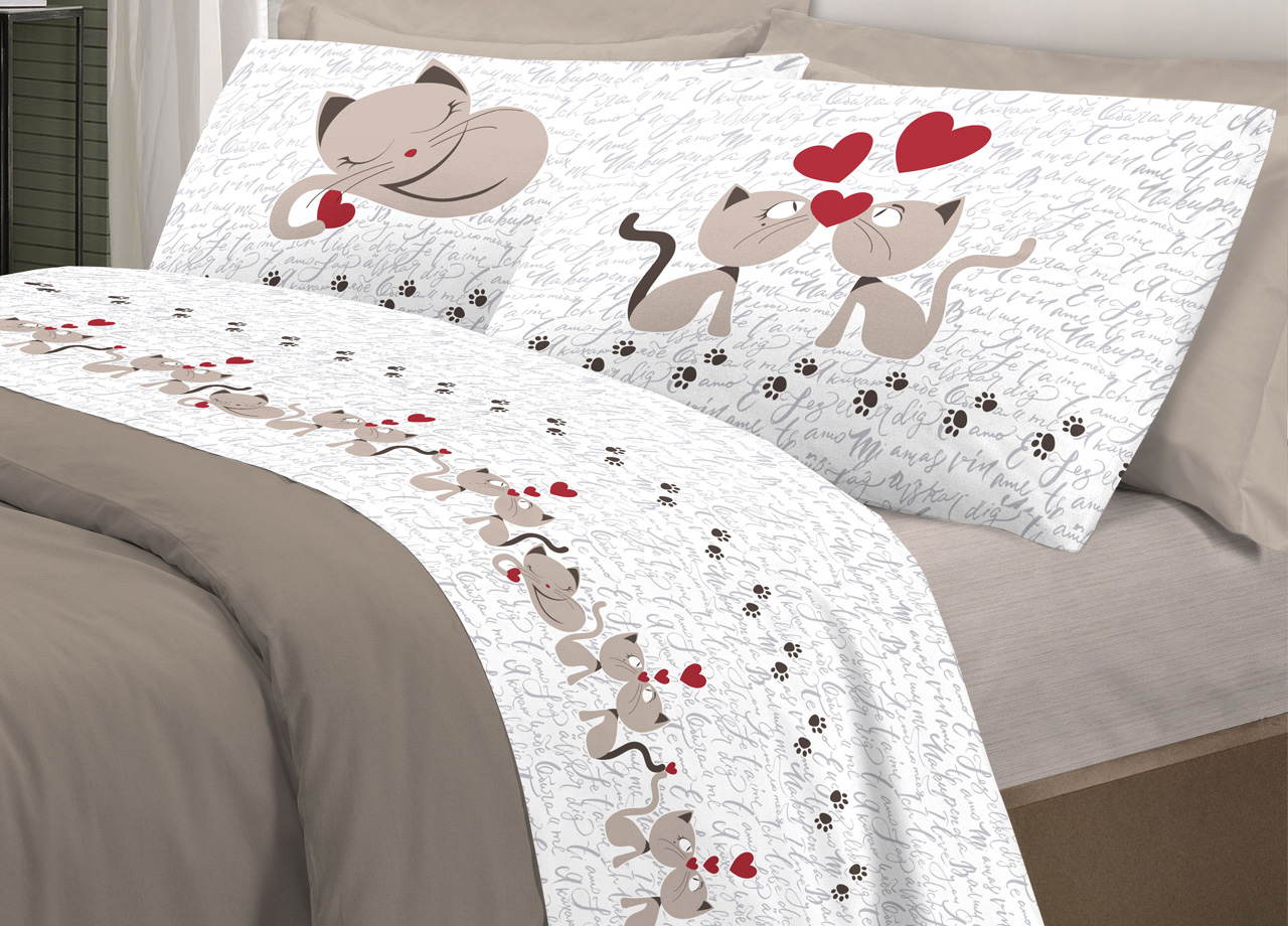 foto del prodotto completo lenzuola linea pensieri delicati 100 cotone disegno gattini piazza e mezza beige