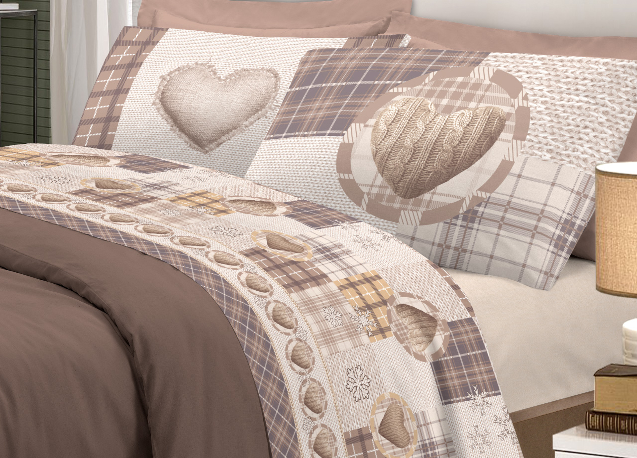 foto del prodotto completo lenzuola linea pensieri delicati 100 cotone disegno love mountain piazza e mezza beige
