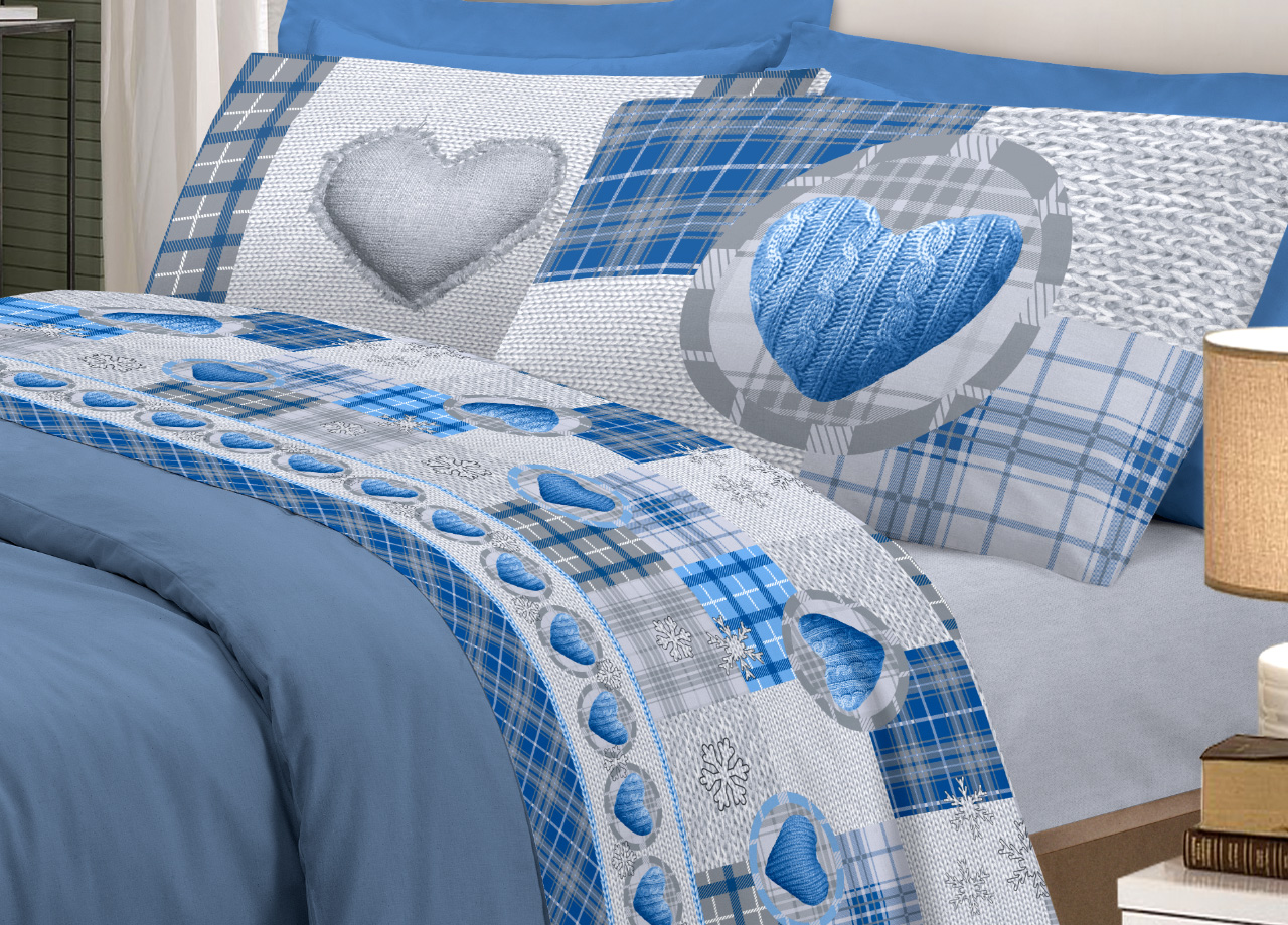 foto del prodotto completo lenzuola linea pensieri delicati 100 cotone disegno love mountain singolo blu