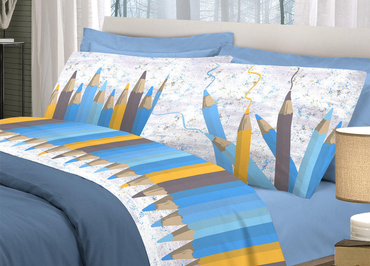 foto del prodotto completo lenzuola linea pensieri delicati 100 cotone disegno matitoni matrimoniale blu
