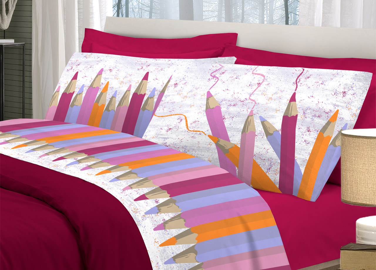 foto del prodotto completo lenzuola linea pensieri delicati 100 cotone disegno matitoni piazza e mezza rosa