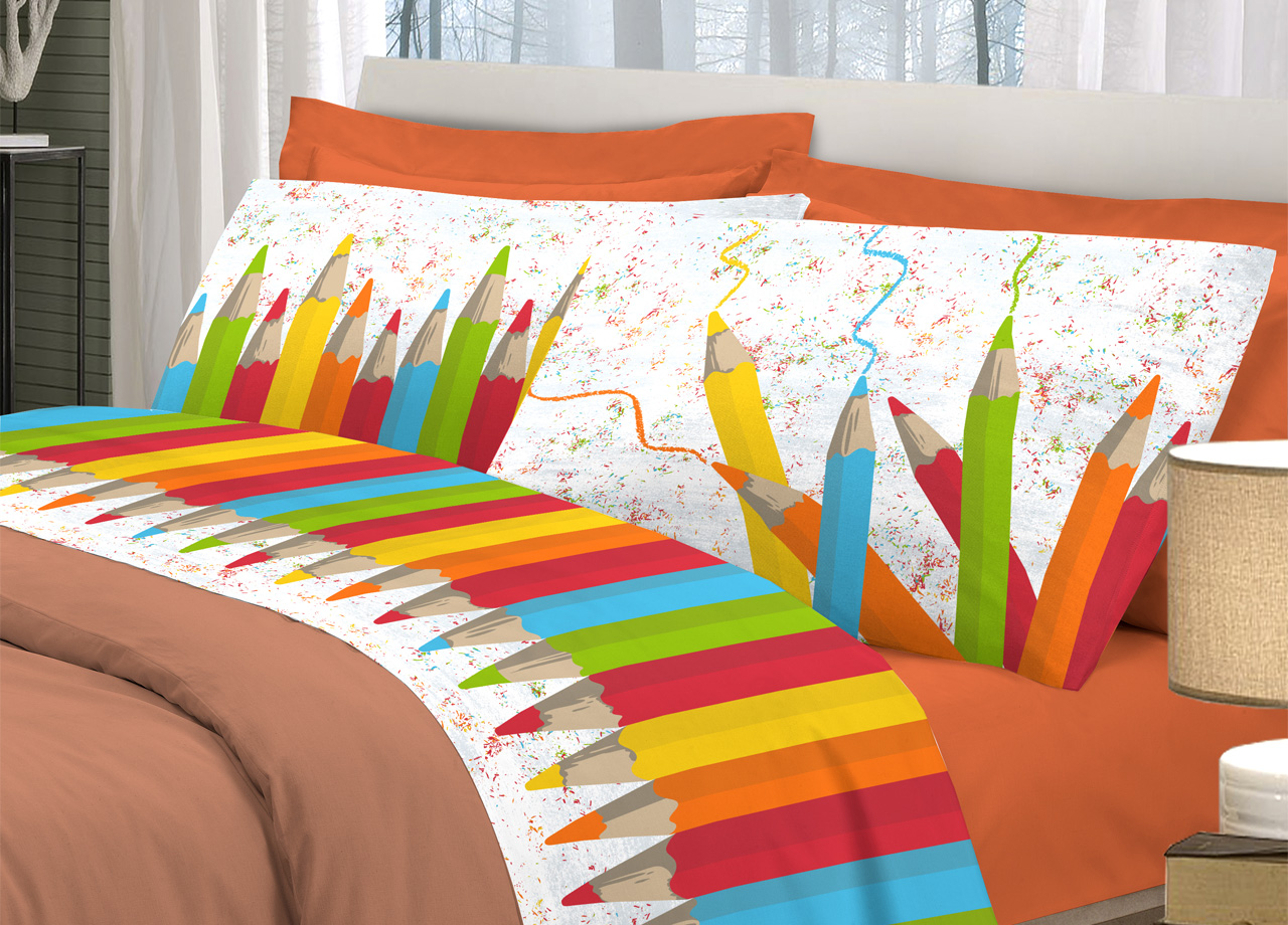 foto del prodotto completo lenzuola linea pensieri delicati 100 cotone disegno matitoni - singolo - multicolor