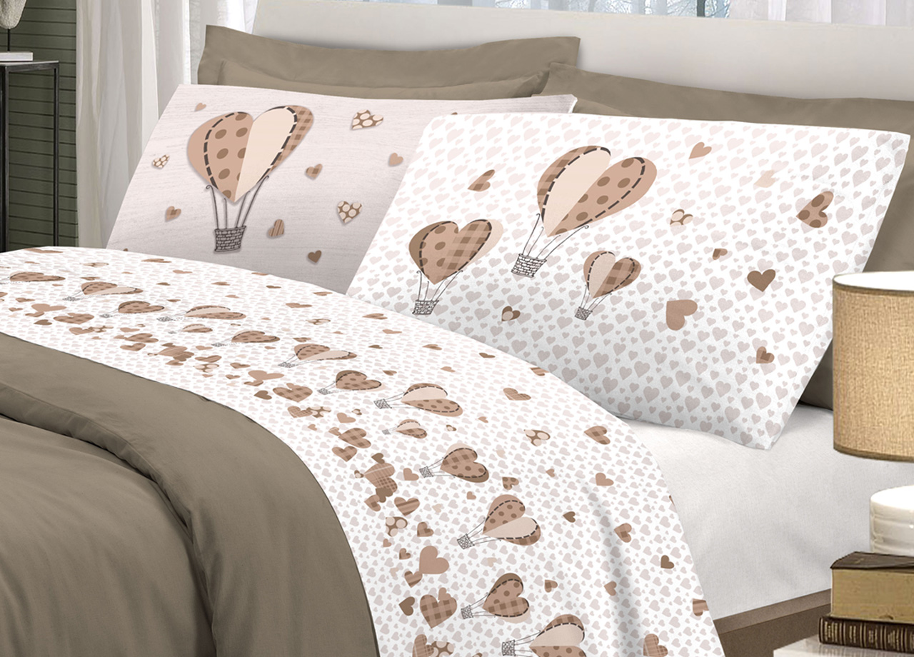 foto del prodotto completo lenzuola linea pensieri delicati 100 cotone disegno mongolfiera matrimoniale beige