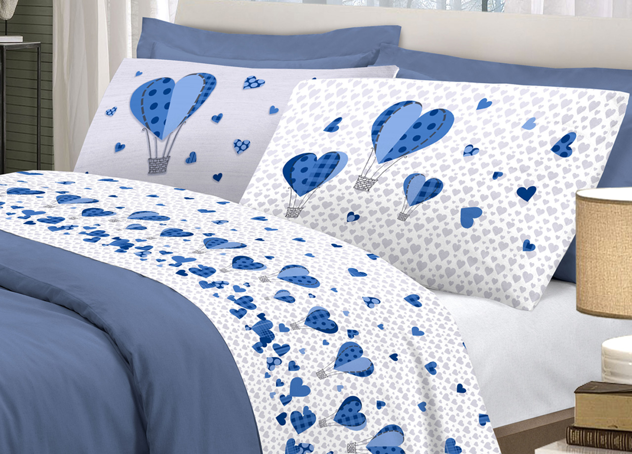 foto del prodotto completo lenzuola linea pensieri delicati 100 cotone disegno mongolfiera matrimoniale blu
