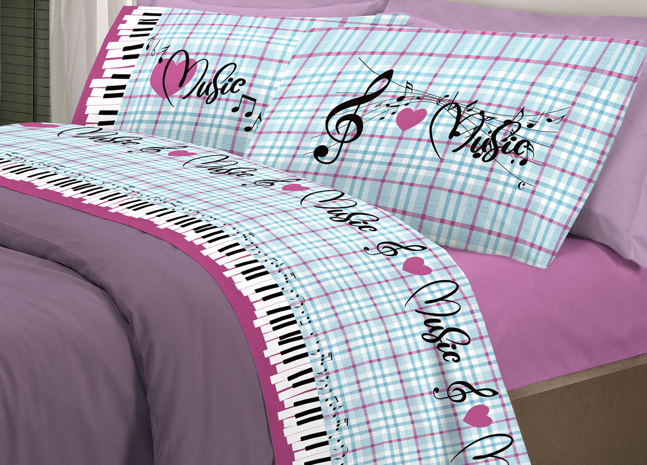 foto del prodotto completo lenzuola linea pensieri delicati 100 cotone disegno musica piazza e mezza rosa