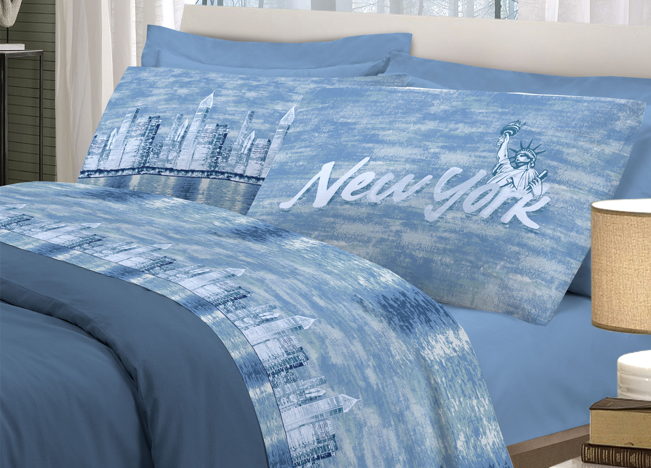 foto del prodotto completo lenzuola linea pensieri delicati 100 cotone disegno new york singolo blu