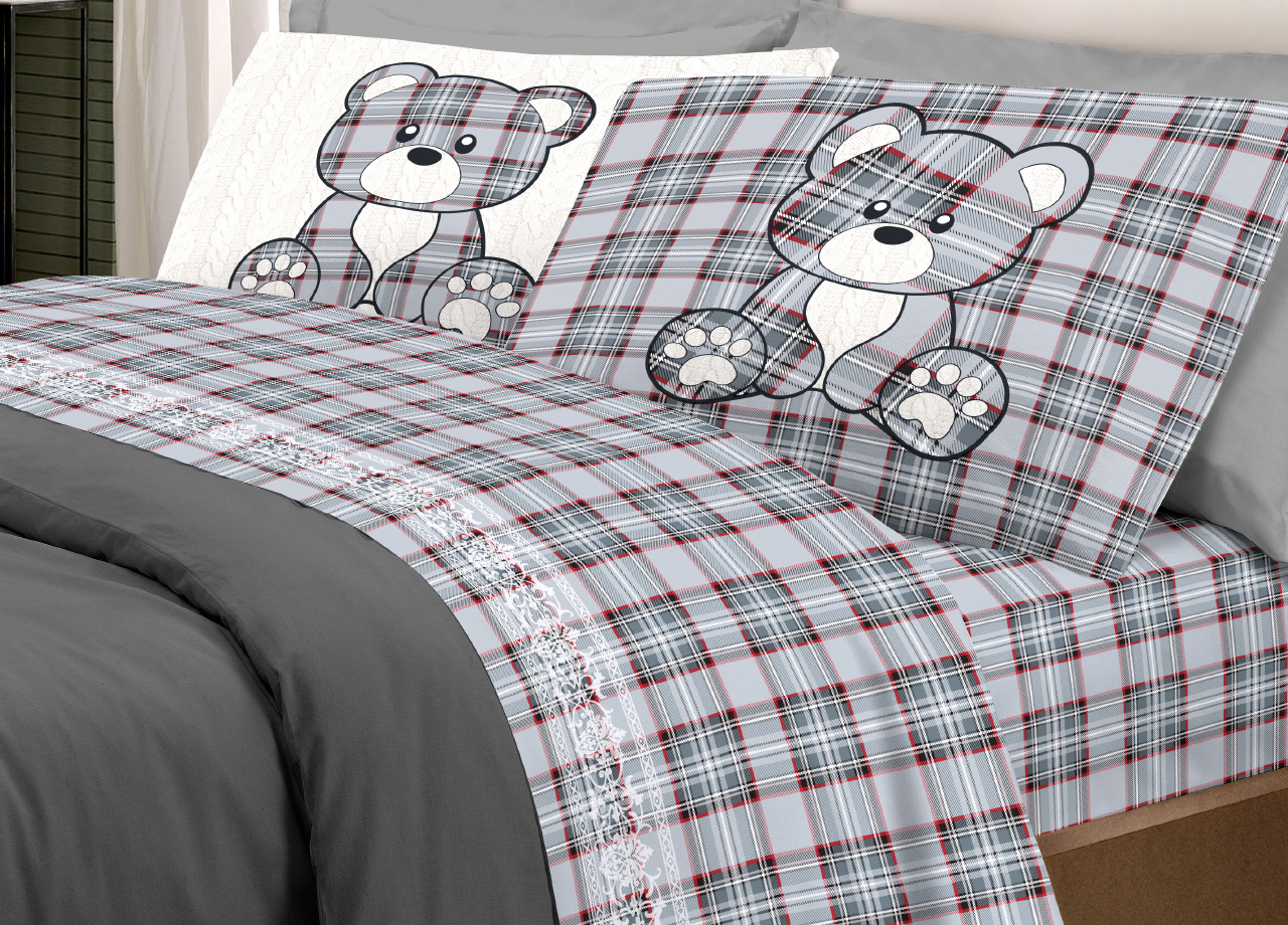 foto del prodotto completo lenzuola linea pensieri delicati 100 cotone disegno orsetto tartan piazza e mezza grigio