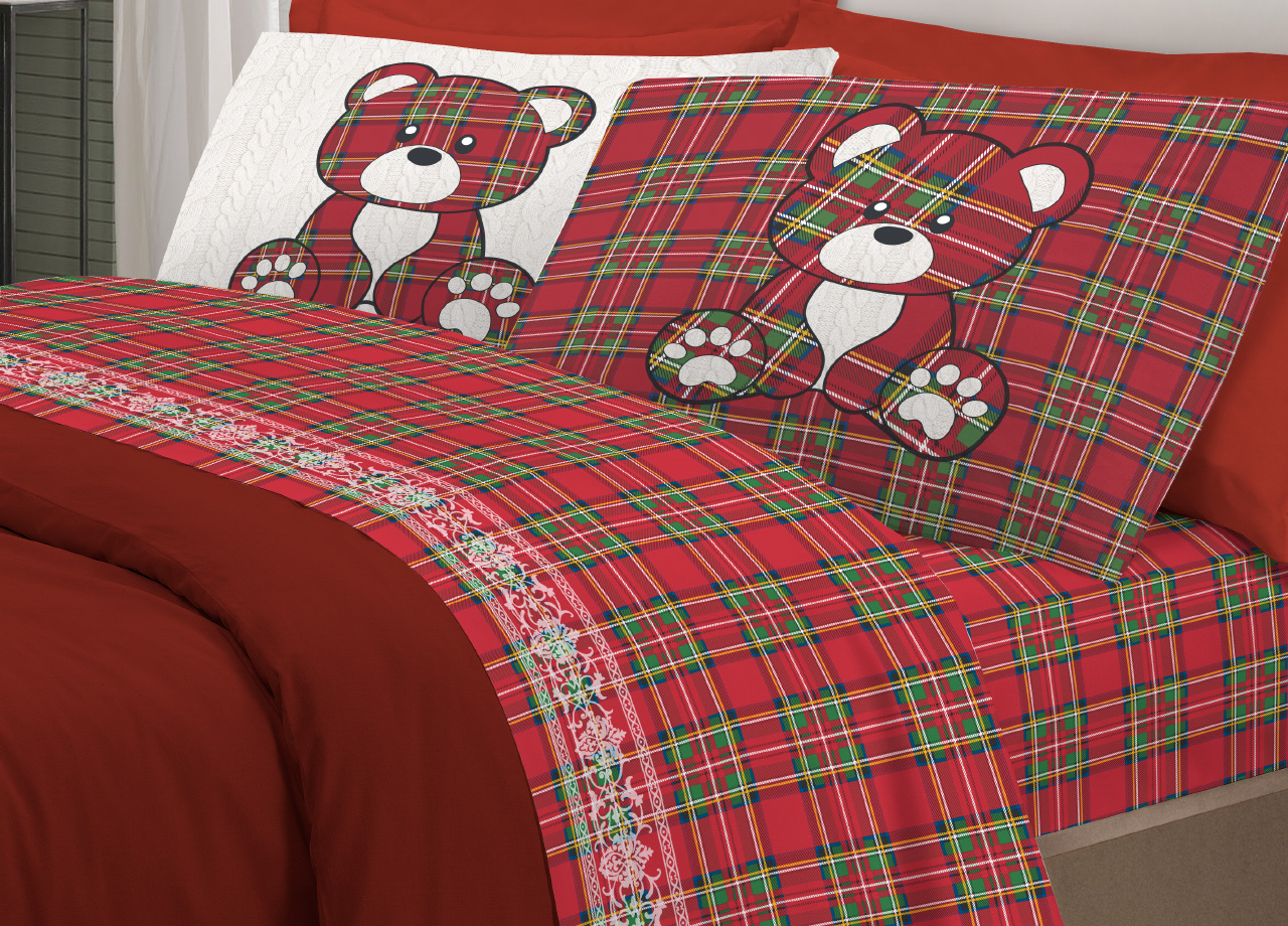 foto del prodotto completo lenzuola linea pensieri delicati 100 cotone disegno orsetto tartan piazza e mezza rosso