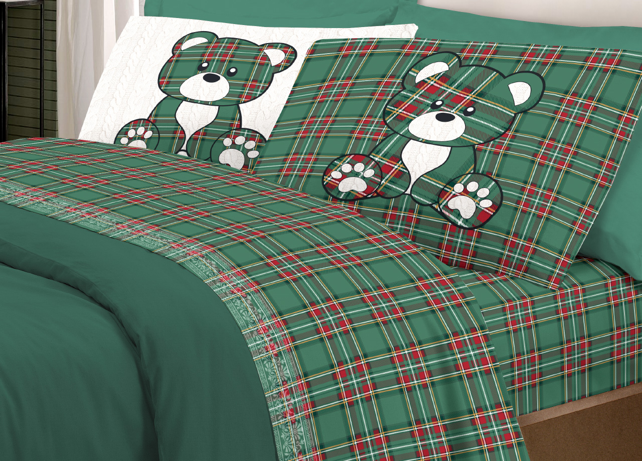 foto del prodotto completo lenzuola linea pensieri delicati 100 cotone disegno orsetto tartan piazza e mezza verde
