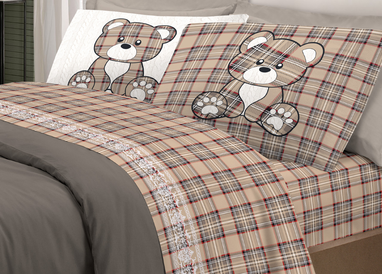 foto del prodotto completo lenzuola linea pensieri delicati 100 cotone disegno orsetto tartan singolo beige