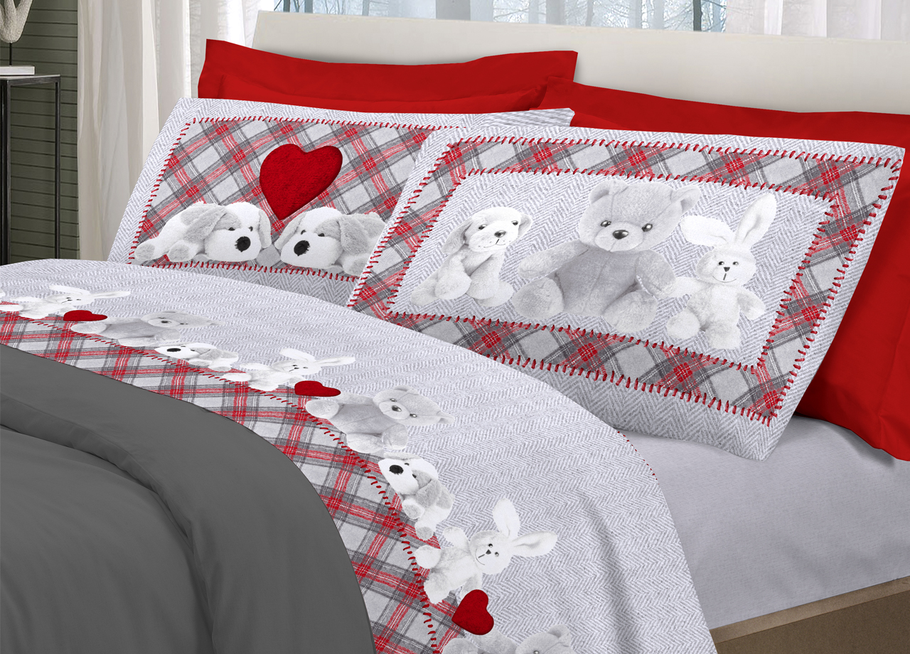 foto del prodotto completo lenzuola linea pensieri delicati 100 cotone disegno peluche matrimoniale grigio