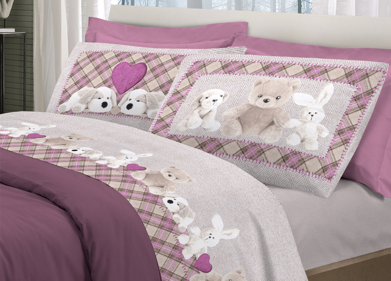 foto del prodotto completo lenzuola linea pensieri delicati 100 cotone disegno peluche piazza e mezza rosa