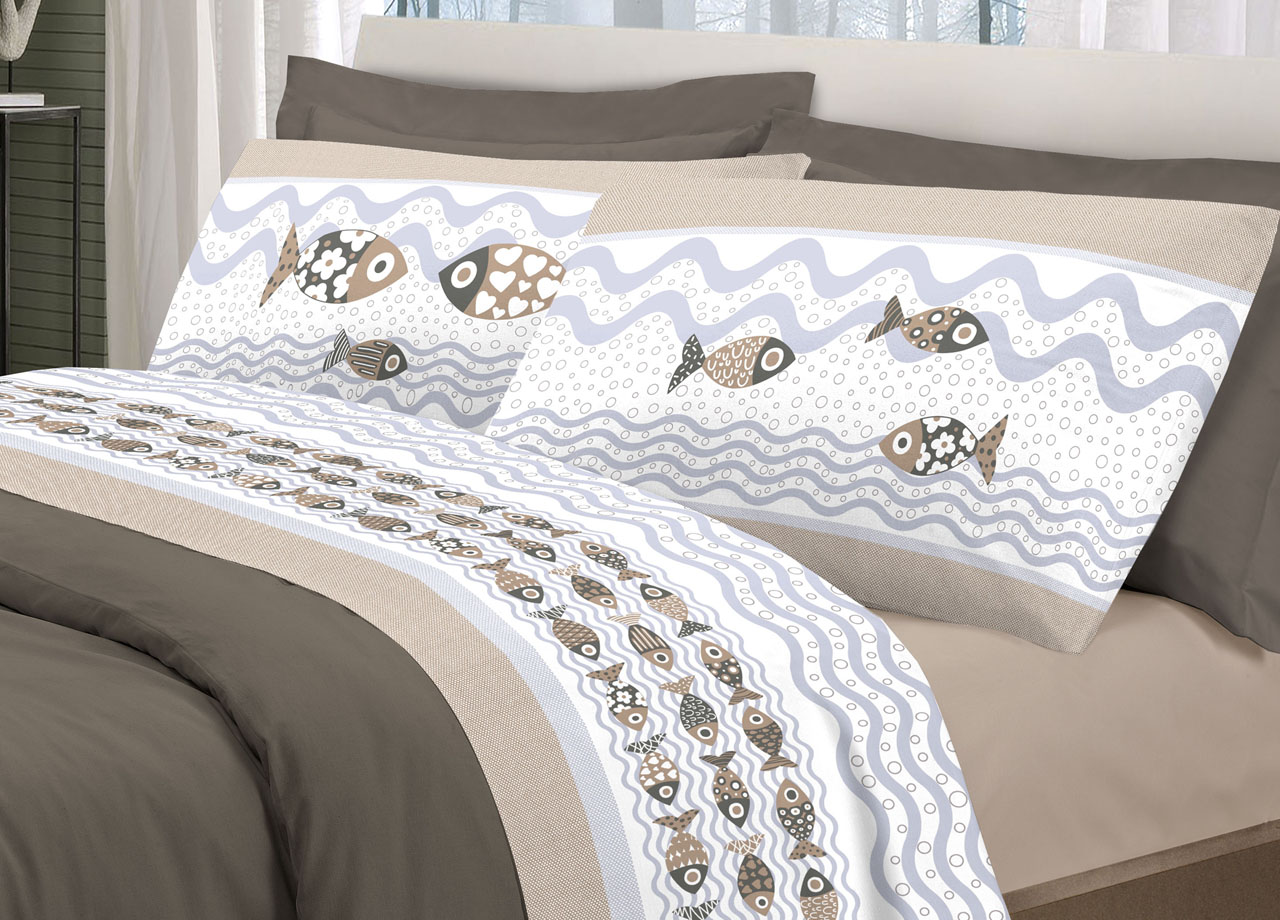 foto del prodotto completo lenzuola linea pensieri delicati 100 cotone disegno pesciolini matrimoniale beige