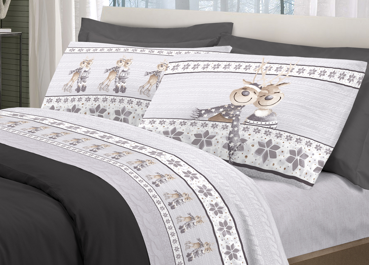 foto del prodotto completo lenzuola linea pensieri delicati 100 cotone disegno renna matrimoniale grigio