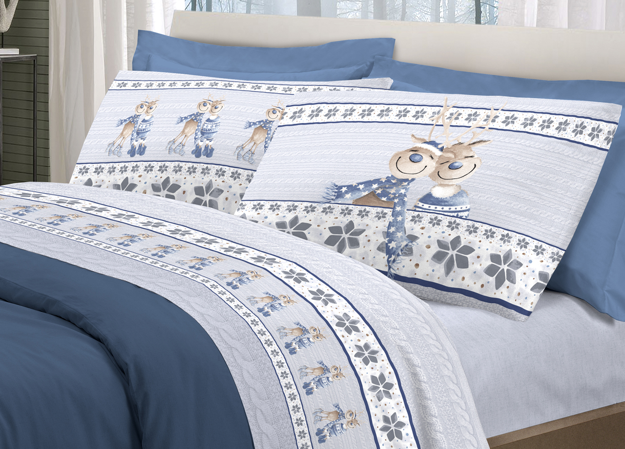 foto del prodotto completo lenzuola linea pensieri delicati 100 cotone disegno renna singolo blu