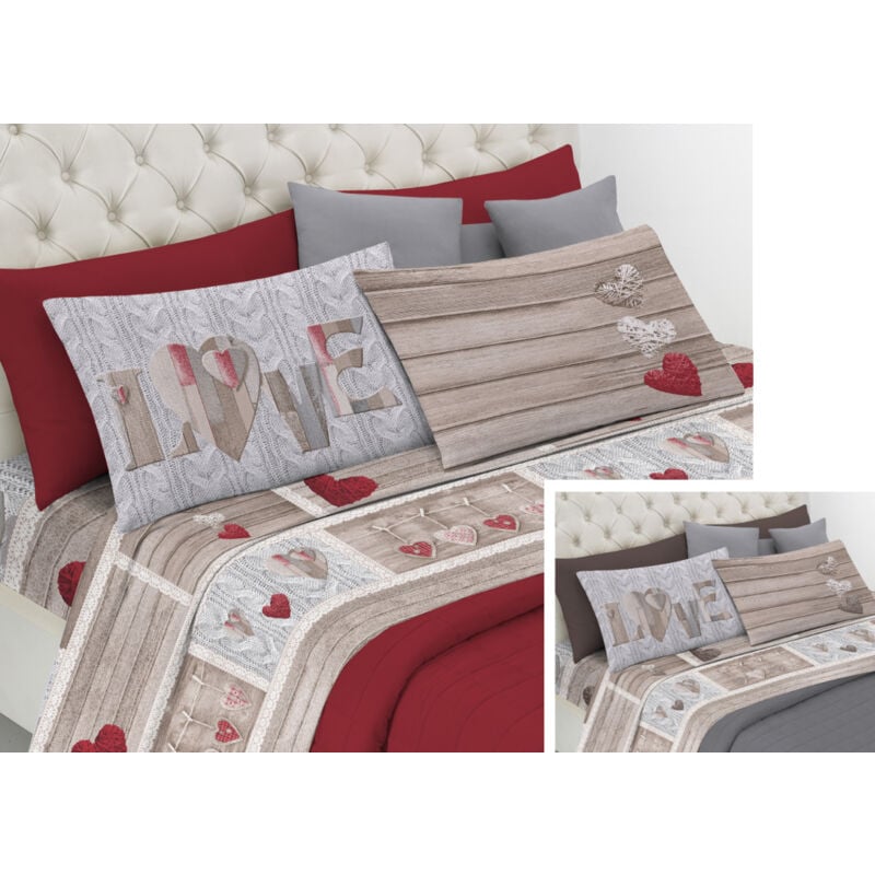 foto del prodotto completo lenzuola linea pensieri delicati 100 cotone disegno shabby love, misurasingolocolorerosso
