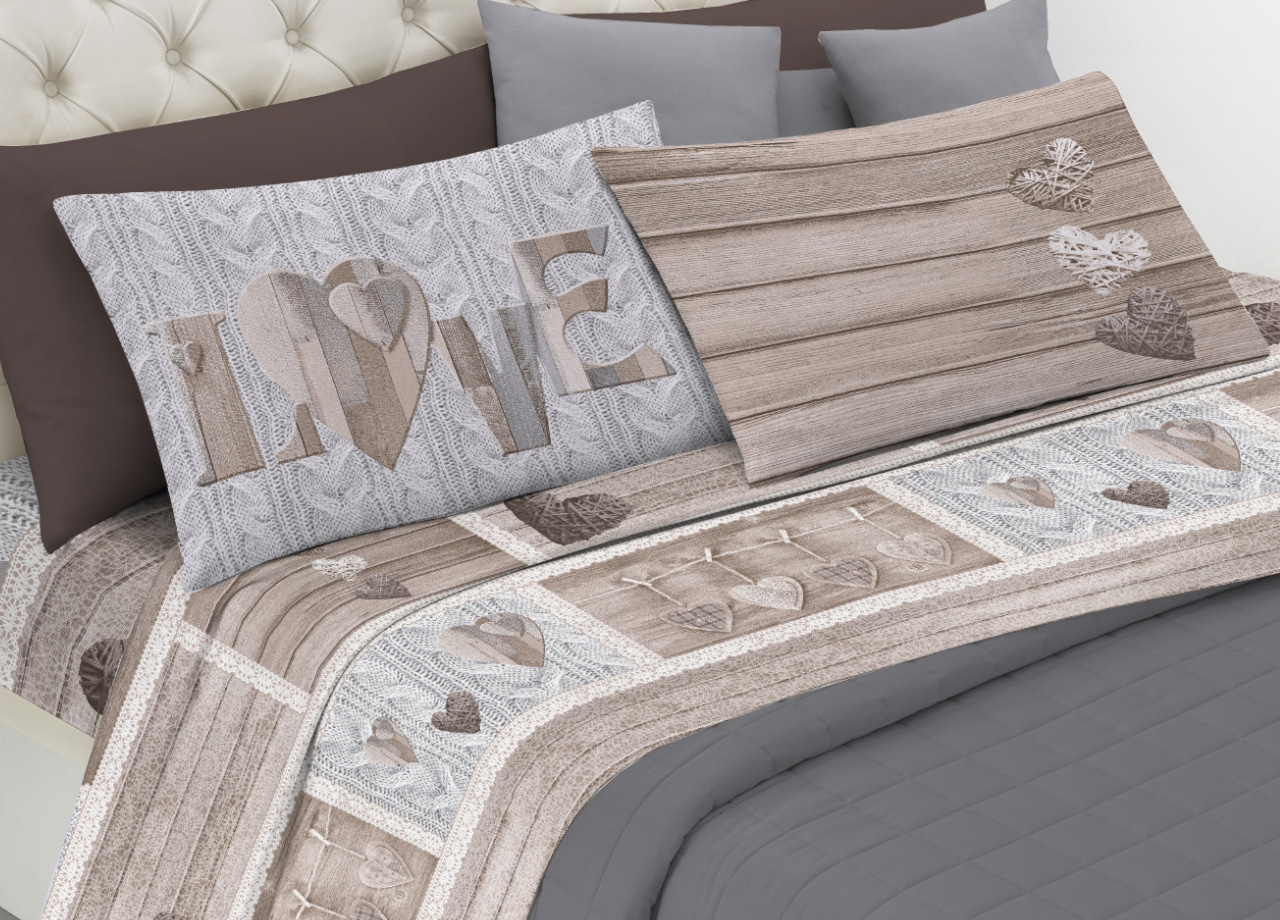 foto del prodotto completo lenzuola linea pensieri delicati 100 cotone disegno shabby love singolo beige